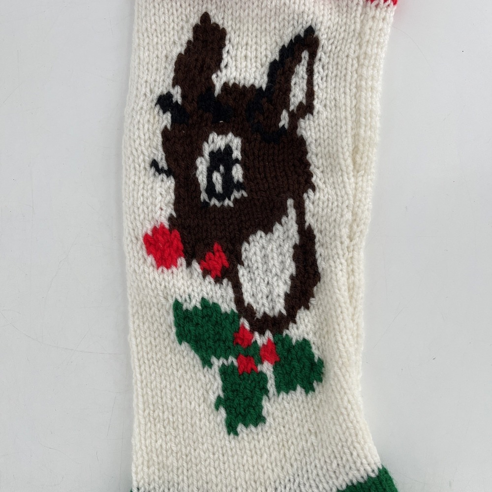 Vintage Hand Knit Christmas Stocking Rudolph Red-Nose Reindeer Green White READ - Picture 5 of 9